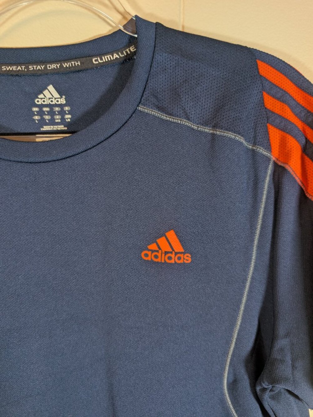 Adidas Climalite Shirt Men L Navy Blue Orange 3 Stripe Running Training Athletic - Picture 2 of 8